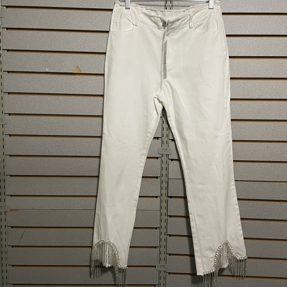 NWTS Gee Gee Boutique Size Medium White Skinny Jeans Rhinestone Fringe‎ Hem